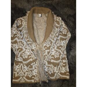 Akemi+Kin Anthropologie Italy Boho Knit Cardigan Women’s Mocha/White + Fringe M